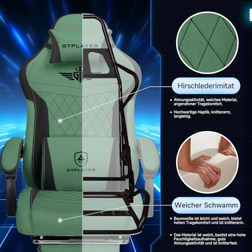 Image of GTPLAYER Gaming Chair, Ergonomic Fabric Gamer Chair with Lumbar Support, PC Chair with Widened Backrest, Maximum Load 150 kg, Green
