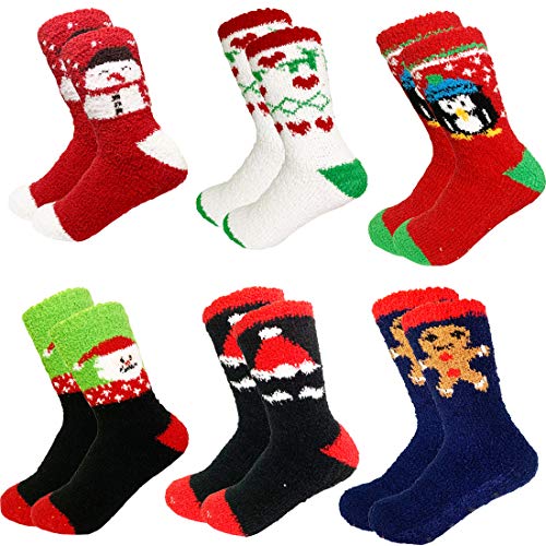 6 Pairs Adult Christmas Holiday Socks Warm Winter Cozy Socks Fuzzy Socks With Plus Size And Anti-Slip Bottom (One size, F-15)