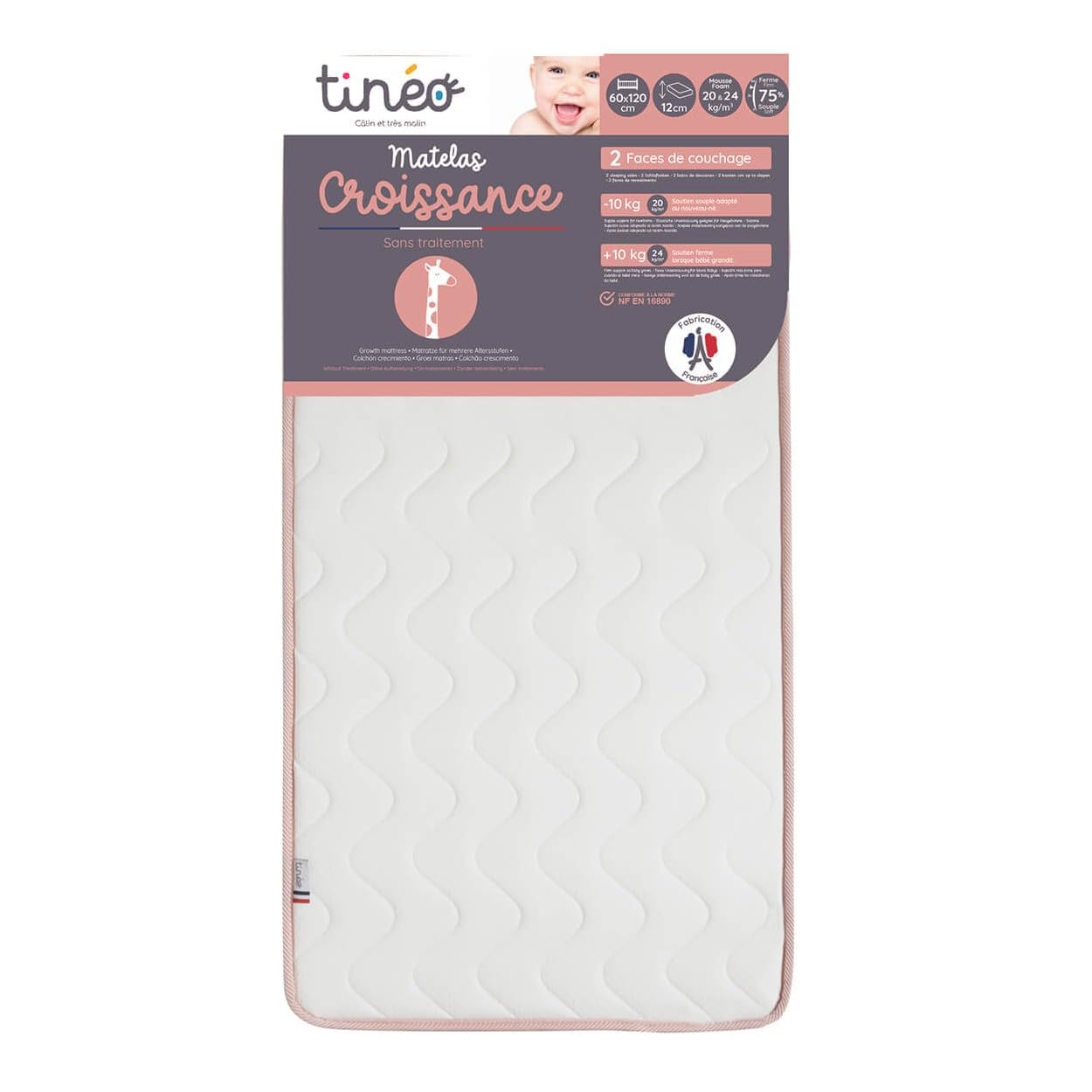 Tineo - Materac dziecięcy 60x120x12cm - 1 twarz dziecka + 10kg - 1 twarz dziecka - 10kg - Wyprodukowano we Francji