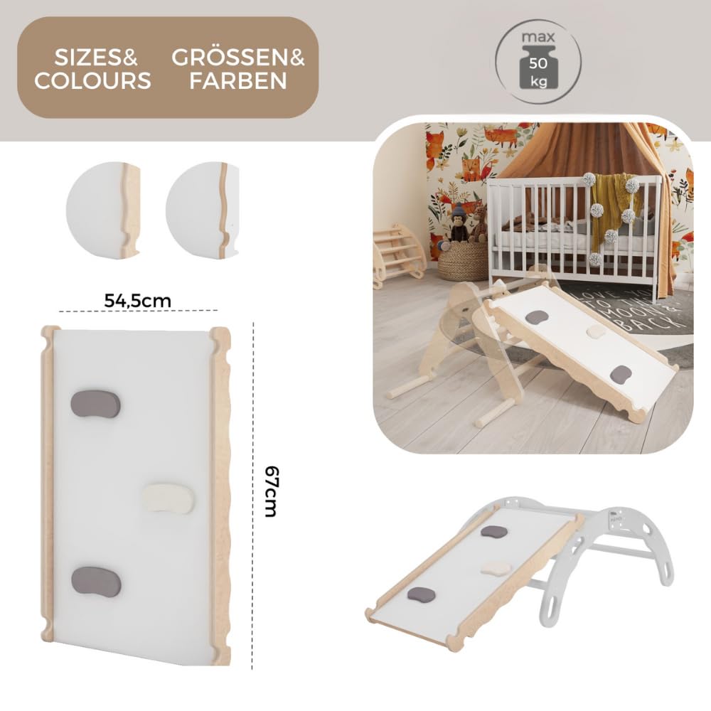 MAMOI® Rutsche Indoor, Rutschbrett für Klettergerüst, Kinderrutsche aus Holz für Kletterdreieck und Kletterbogen, Holzrutsche/Yarnwood für Baby ab 1 Jahr und 2/3 Jahre, Montessori