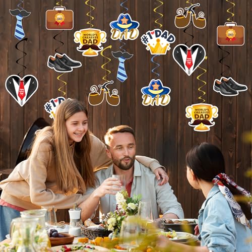 Image of 32Pcs Father's Day Hanging Swirl Decorations, Double-Sided #1 Dad Cutouts and Foil Streamers, Blue Gold Best Dad Ever Party Supplies for Home Office Indoor Covered Outdoor