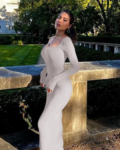 Doweha Women's Square Neck Long Sleeve Maxi Dress Sexy Knit Bodycon Long Dress for Women4