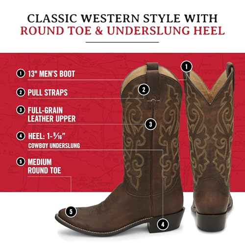 Justin Buck 13" Cowboy Boots for Men - Durable Premium Full-Grain Leather Round Toe Western Boots Build with Cushioned Insole & Full Welt Construction3
