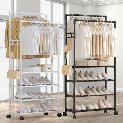 Image of Lukzer Multi-Layer Clothing Organizer Rack with Hanging Rod | Freestanding Metal Organizer Stand for Home, Bedroom, Balcony & Dorm | Space-Saving Garment Hanger | Modern DIY Assembly (White) CH-096