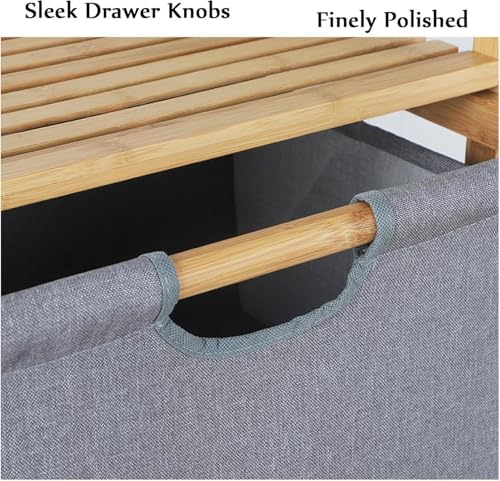 Image of Lukzer 3 Layer Vertical Bamboo Storage Shelf with Removable Fabric Drawers, Multipurpose Tall Organizer for Bathroom, Bedroom, Laundry, Living Room & Office, Space-Saving Wooden Rack, Grey (CH-011)