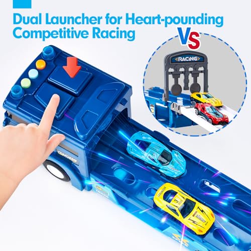 hahaland Toys for 3 Year Old Boy Gift - 2 in 1 Car Carrier Transforms into Race Tracks Toys with Dual Launcher Truck for Kids Ages 3-5 - Car Sets for Boys 3 Year Old Boy Gifts