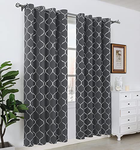 Bgment Moroccan Patterned Blackout Curtains 84 Inch Length 2 Panels For Living Room, Silver Geometric Print Room Darkening Curtain For Bedroom Thermal Insulated, Grommet, Each 52 X 84 Inch, Dark Grey #TOP1