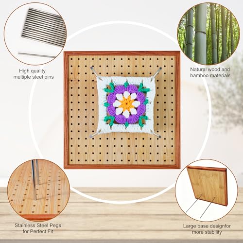 Image of HHSarioneiro 7.8 inch Crochet Blocking Board with 16 Pins /Pegs, Granny Square Blocking Boards for Crochet Projects, Wooden Crocheting Accessories Gifts for Crocheters