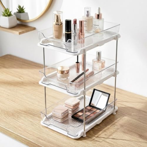 Image of Aliensware 3 Tier Cosmetics Drawer Organizer, Vanity Countertop Storage Container, Sink Organiser, Bathroom Medicine Cabinets, Plastic Drawers for Lipsticks, Nail Polishes,Dressing Table,Perfume-Clear