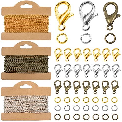 TOAOB 15m Chaînes de Collier 3x2mm Or Argent Bronze avec 60pcs Fermoirs à Homard et 90pcs Anneaux de Saut pour Collier DIY Fabrication de Bijoux Bracelet Breloques Artisanat et Décoration Pendentif