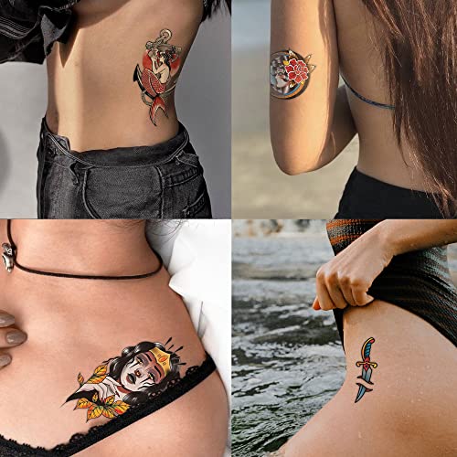2 Sheets 49 Pcs Classic Temporary Tattoos Old School Stickers Different Sizes Vintage Sticker Flower Arm Rose Mermaid Sailor Tattoos Swallows Tattoos Butterflies Skulls Tattoos Swords Tattoos #TOP2