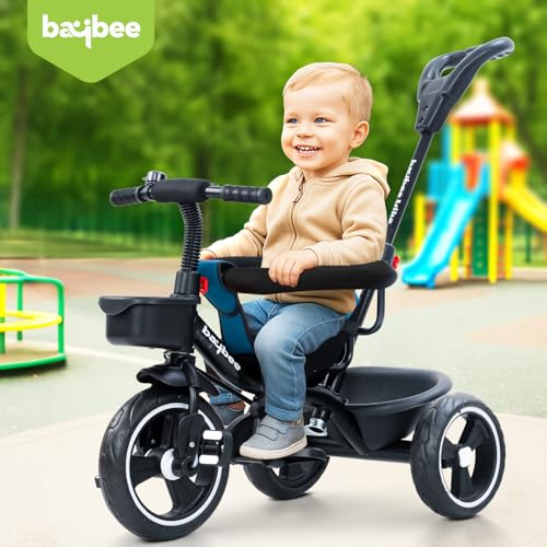 Image of Baybee 2 in 1 Baby Tricycle for Kids | Smart Balance Baby Trikes with Parental Handle, Cushion Seat, Safety Guardrail & Dual Storage | Kids Cycle for 2-5 Years Boy Girl (Tovino English Blue)