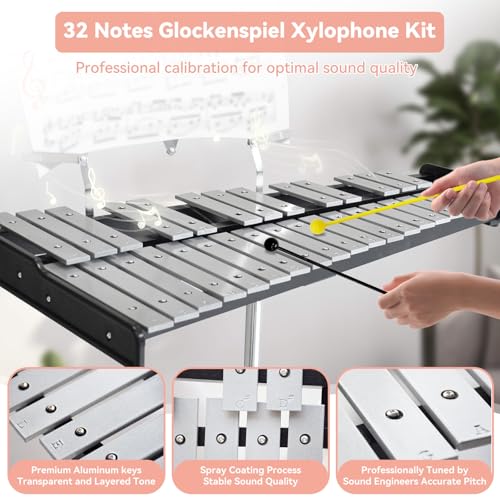 Image of 32 Notes Glockenspiel Xylophone Bell Kit, Professional Xylophones for Beginner with Adjustable Stand, Music Stand, Sticks, Aluminum Percussion Instrument Set for Adult (silvery)