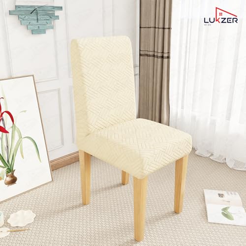 Image of Lukzer Elastic Dining Chair Cover - 4PC Pastel Yellow Abstract | Textured High Stretch Jacquard Seat Cover | Removable Washable Short Dining Chair Cover Protector Seat Slipcover | (CC-170-04)
