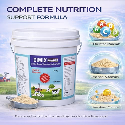 Image of Dimix Mineral Mixture Powder Bucket Pack | Essential Minerals for Cattle, Buffalo, Goat & Poultry | Boosts Milk Yield, Fertility & Immunity (20kg)