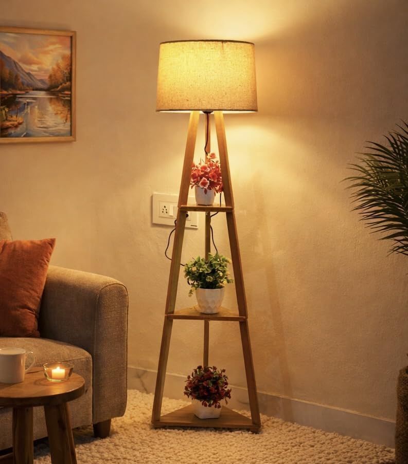Image of Wooden Tripod Floor Lamp with 3 Shelves, Modern Standing Lamp with Fabric Shade, Decorative Shelf Floor Lamp for Living Room, Bedroom & Home Decor..