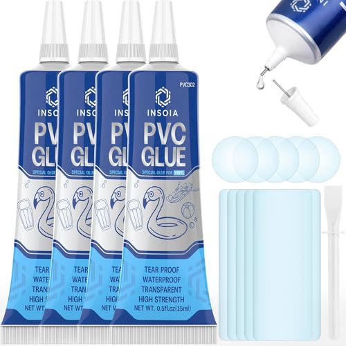 INSOIA Pool Liner Patch, Air Mattress Repair Kit 15 ML x 4 – Waterproof Vinyl Repair Patch Kit for Inflatables, Swimming Ring, Tent, Bounce House, Inflatable Toys, Hot Tub, PVC Boat, Raft, Kayak