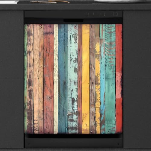 Mexpekil Copertura magnetica per lavastoviglie, colorata, vintage, rustica, in legno, 58,4 x 66 cm, decorativa, impermeabile, per elettrodomestici da cucina