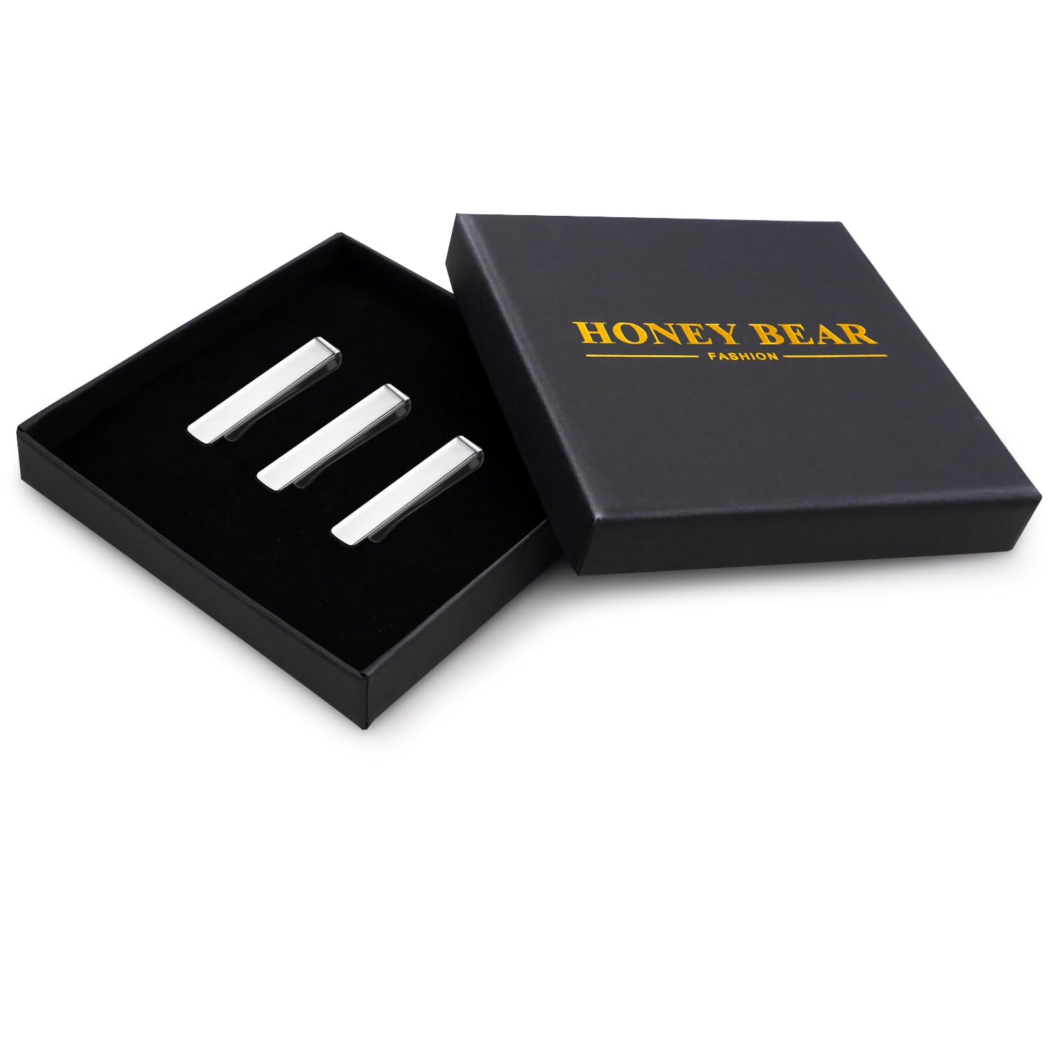 HONEY BEAR Lot de 3 Pinces à Cravate Homme/Garçons Slim Skinny 1.57inch,4cm pour Chemise Cadeaux de mariage d'affaires (Argent brillant avec boîte)