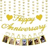 Happy Anniversary Party Decorations, Gold Glitter Happy Anniversary Banner and Photo Banner with Heart Garland for Wedding Party Decorations