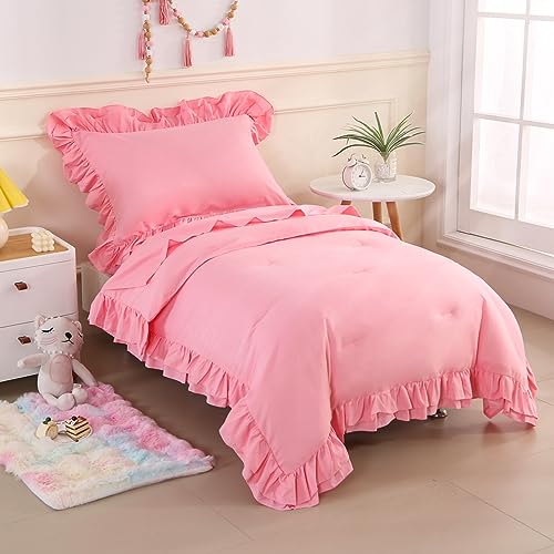 Image of Toddler Bedding Set for Girls, 4 Piece Double Ruffles Soft and Breathable Toddler Bed Sheets with Boho Toddler Comforter, Fitted Sheet, Flat Sheet and Pillowcase, Pink