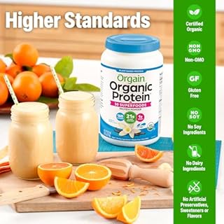 Orgain Organic Vegan Protein + 50 Superfoods Powder, Vanilla Bean - 21g Plant Based Protein, 8g Prebiotic Fiber, No Lactose Ingredients, Gluten Free, No Added Sugar, Non-GMO, 2.02 lb