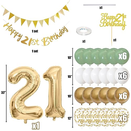 Image of 21st Birthday Decorations for Him Her, Happy Banner With Cake Topper Number 21 Foil Balloon, Sage Green White Gold Balloons for Men Women 21 Year Old Party Decoration