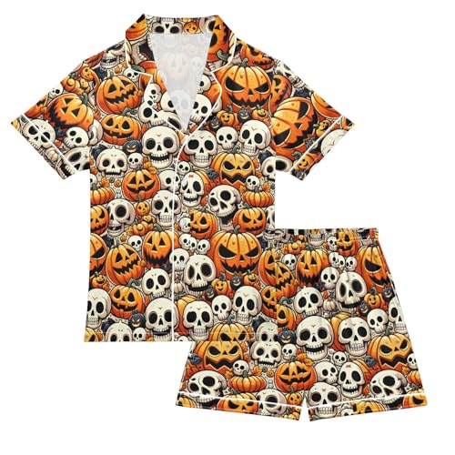 Pumpkins Halloween Summer Satin Pajama Set, Cute Button-Down Sleepwear Pj Set for Sleep Wears