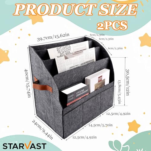 STARVAST 2 Stück Zeitschriftenständer, Modern sammler Faltbarer,Aufbewahrungsständer für große Filz-Zeitungskörbe,abnehmbare 4-lagige Trennwand,3 kleine Außentaschen,Lager für Haus und Büro (Dunkelgr
