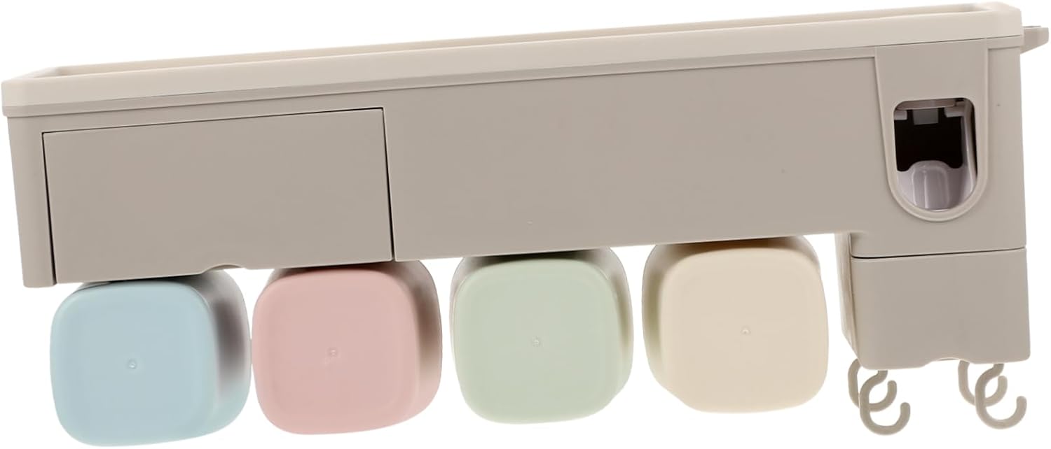 Amosfun 1set Automatic Squeeze Toothpaste Dispenser Wall-Mounted Toothbrush Holder Capacity Bathroom Organizer Slots for Toothbrushes Grey Color Essential Bathroom Accessory