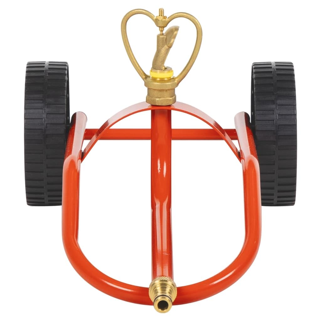 Rasen-Sprinkler mit Rädern und drehbarem Messing-Sprühkopf, 360 Grad Gartenregner auf Schlitten, robuster Metall-Gartenbewässerer für Rasenflächen bis 8,5 m Durchmesser