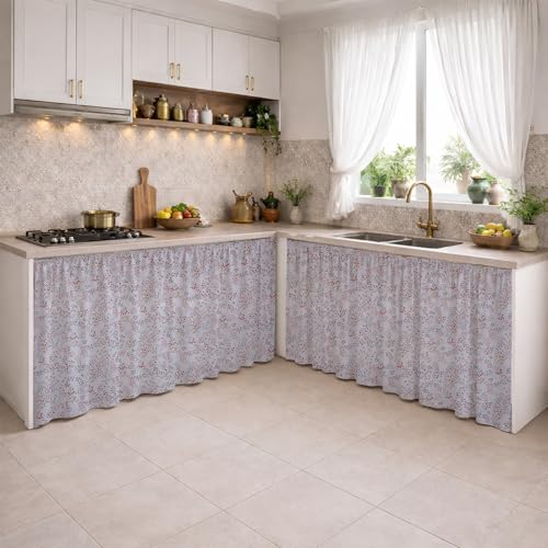 Image of LINENWALAS Under Sink Curtain for Kitchen - Pack of 2 | 106x91 cm Cotton Under-Sink Cover | Washable Storage-Hiding Curtain with Rod Pocket | Kitchen & Bathroom Cabinet Cover (Blush Meadow)