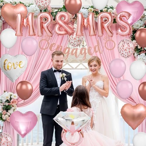 Image of Rose Gold Engagement Decorations, MR MRS Balloons Pink White Confetti