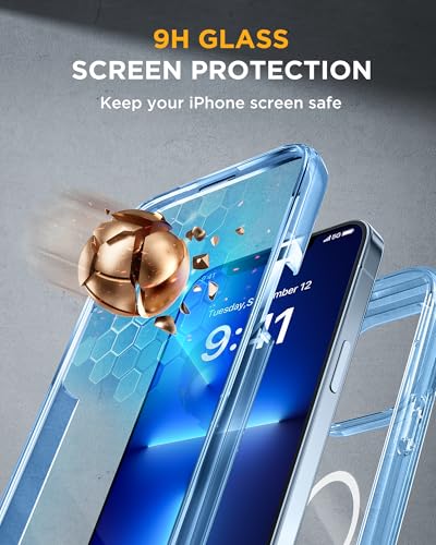 Image of Miracase Magnetic for iPhone 13 Pro Max Case 6.7 inch, (Compatible with MagSafe) Upgrade Full-Body Clear Phone Bumper Case with Built-in 9H Tempered Glass Screen Protector, Magnetic Clear Blue