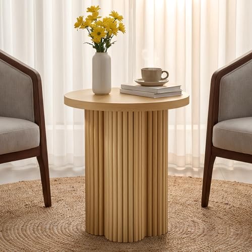 Image of Small Sofa Side Table Set of 2, Fluted Accent Pedestal End Table, Wood Round Night Stand, Farmhouse Bed Side Table Drink Tables for Living Room, Small Spaces (Natural-2PCS)