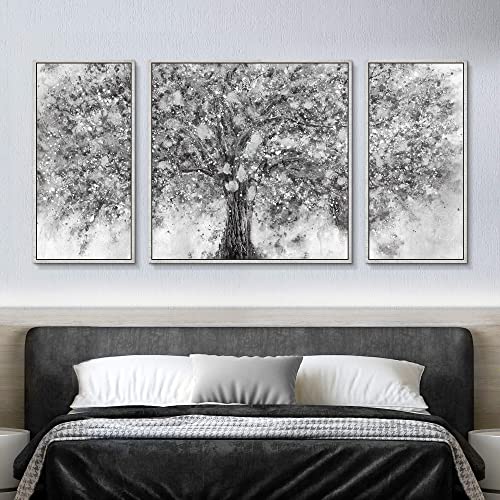 Abstract Canvas Framed Wall Art: Large 3 Pieces Black Gray Blooming Tree Painting Modern Landscape Picture Prints Glitter Silver Foil Artwork Contemporary Grey Forest Hand Painted For Living Room #TOP6