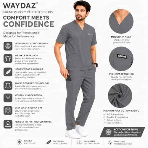 Image of Unisex Medical Scrub Suit Set, V-Neck Top with Pants, Short Sleeve, Polyester Cotton Blend, 7 Pockets, Regular Fit, Hospital Doctor Nurse Uniform