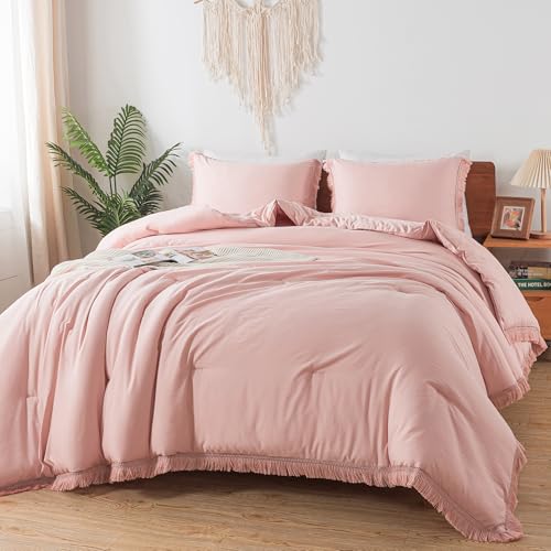 Image of Andency Pink Comforter Set Full Size for Girls, Blush Boho Women Tassel Lightweight Bedding Comforter Sets, 3 Pieces All Season Soft Fluffy Fringe Bed Set (79x90In Comforter & 2 Pillowcases)