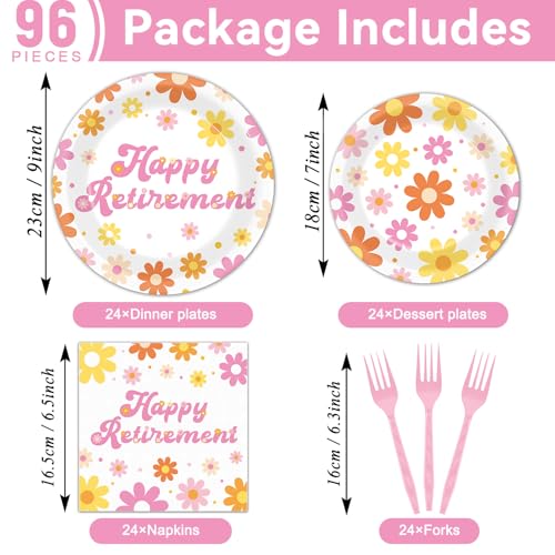 Image of 96Pcs Retirement Party Supplies Happy Retirement Plates and Napkins Colorful Daisy Flower Tableware Set Floral Disposable Dinnerware for Women Goodbye Going Away Farewell Party Decorations 24 Guests