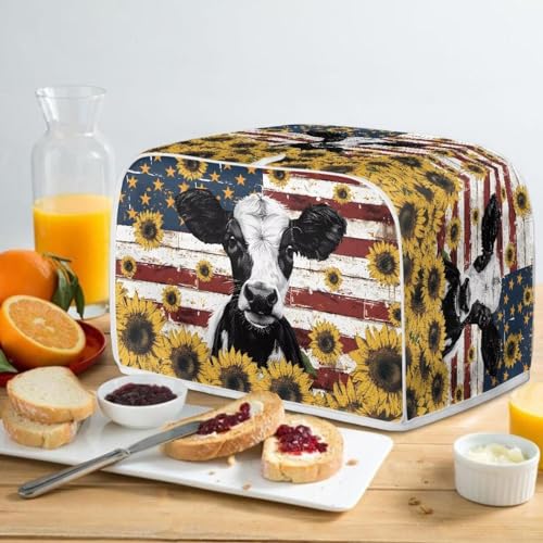 Image of Talayituse Cow Sunflower American Flag Print 2 Slice Toaster Covers Dust Protection Bread Maker Covers Toaster Oven Cloth Cover Kitchen Accessories Washable Appliance Cover, S