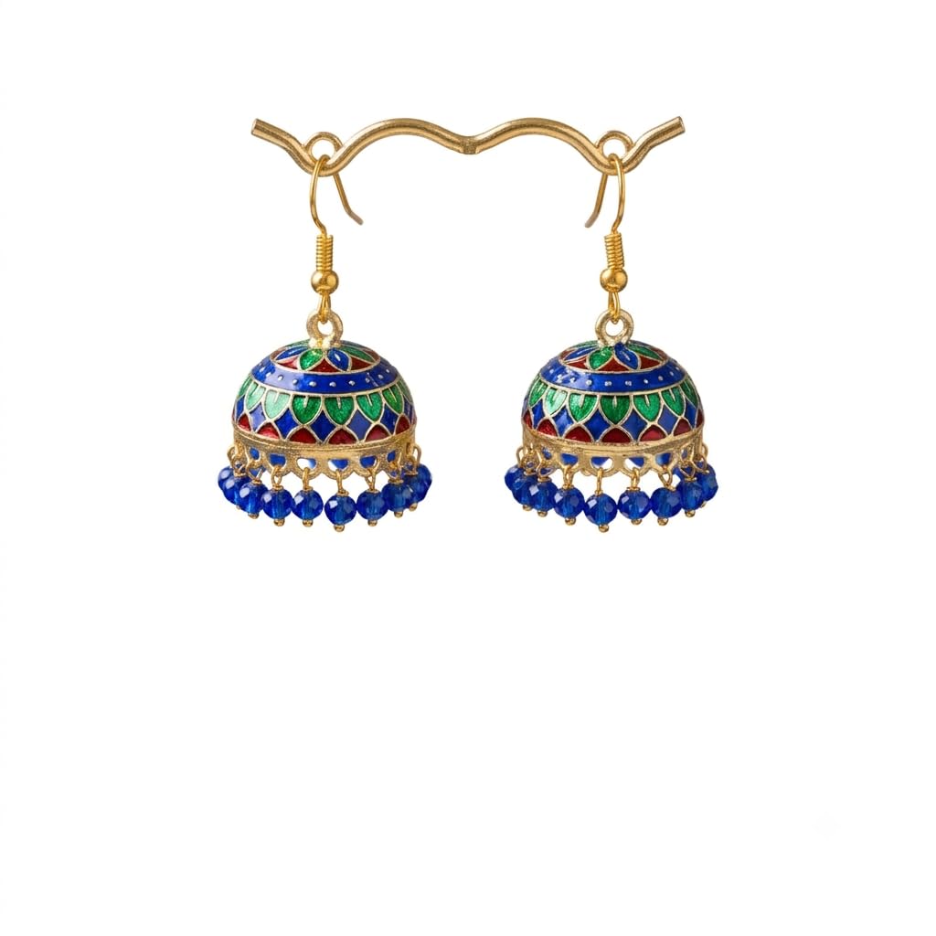 sushee Traditional Meenakari Jhumki Earrings for Women | Multicolor Dome Drop Earrings with Blue Beads | Ethnic Jewelry for Festive & Wedding-picture-20