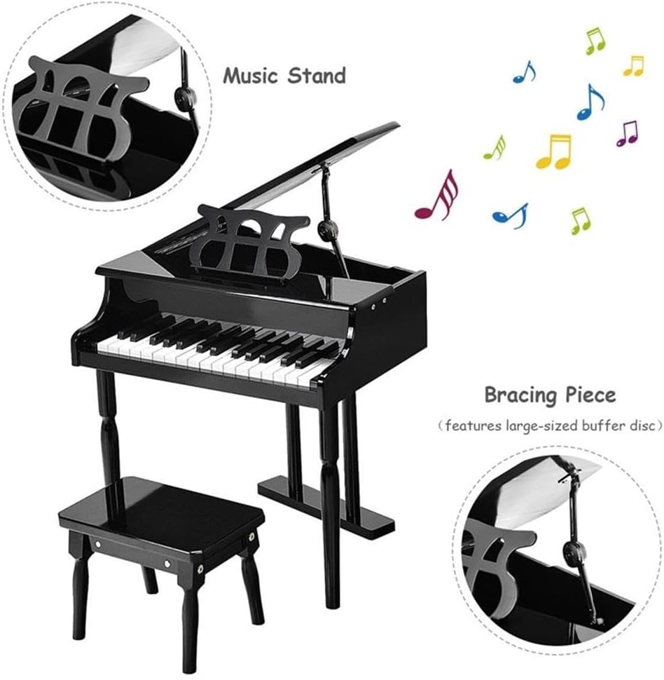Pemberly Row Children 30 Key Toy Grand Baby Piano with Kids Bench Wood Black