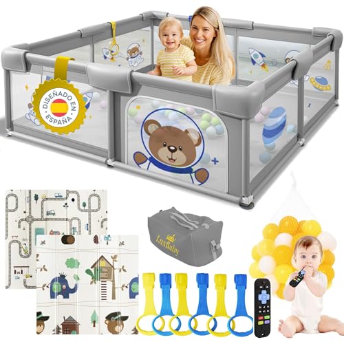 Parque Infantil Bebe 120x120cm - Alfombra Acolchada+ Juguete Mordedor+ Bolas+ 6 Anillas+ Bolsa Transporte - Parque Bebe Vista 360º - Playpen Baby Maxima Seguridad - Fácil De Montar Y Divertido