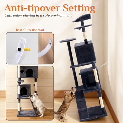 Image of Sweetcrispy 80 Inch Cat Tree Tower, Multi-Level with Cat Scratching Post, Indoor Cat Condo with Climbing Ladder, Plush Toy, Play House for Cat, Dark Grey