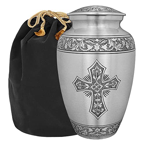 Image of Trupoint Memorials Cremation Urns for Human Ashes, Funeral Memorial Urn for Male and Female, Decorative Burial Metal Urn Collection for Adult Men & Women - Silver Cross, Adult (200LB)