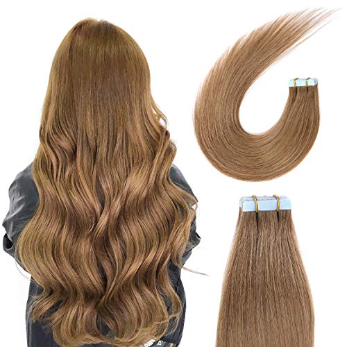 SUYYA Tape in Hair Extensions 100% Remy Human Hair 20 inches 20pcs 50g/pack Straight Seamless Skin Weft Tape Hair Extensions(20Inch #8 Light Brown)