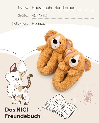 NICI Hausschuhe Hund braun 40-43 (L) - braun - Warme NICI Kuscheltier Hausschuhe für Jungen, Mädchen & Erwachsene, Tier-Schuhe mit Anti-Rutsch Sohle, Slippers - 62170