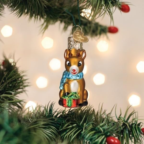 Old World Christmas Mini Rudolph The Red-Nosed Reindeer Glass Blown Ornament for Christmas Tree, Handcrafted Holiday Decoration, Rudolph Collection
