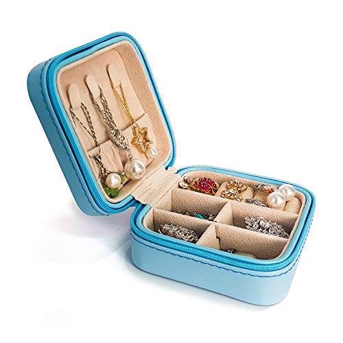 Mini Faux Leather Travel Jewelry Case ~ Travel Jewelry Organizer ~ Portable Storage Case for Necklaces, Earrings, Rings, Bracelets ~ Jewelry Display & Storage Box For Girls & Women (Azure Blue)