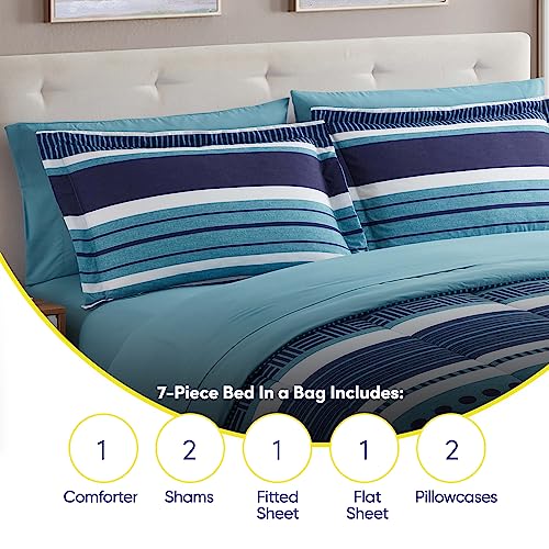 Sweet Home Collection 7 Piece Comforter Set Bag Solid Color All Season Soft Down Alternative Blanket & Luxurious Microfiber Bed Sheets, Marino, King